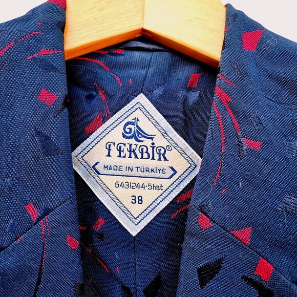 Vintage Turkish Tekbir Modest Coat 80s/90s Navy Red Woven Jacquard 6 8 38 - Picture 3 of 15
